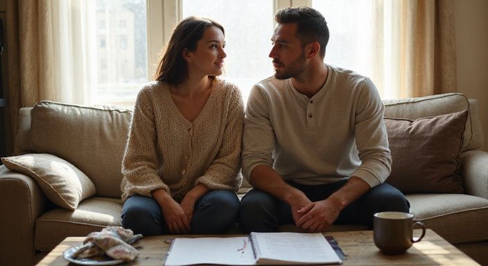 Een stel zit ontspannen op een versleten bank, verdiept in gesprek. Een stel zit ontspannen op een versleten bank, verdiept in gesprek.