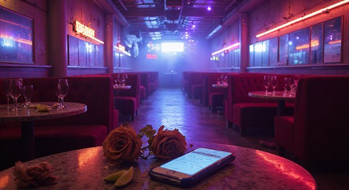 Een bijna lege nachtclub met verdorde bloemen en gebruikte glazen. Een bijna lege nachtclub met verdorde bloemen en gebruikte glazen.