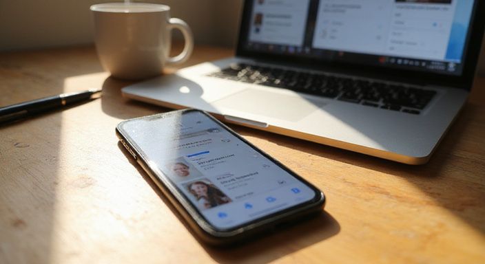 Een smartphone toont een datingapplicatie op een houten bureau. Een smartphone toont een datingapplicatie voor swingers en partnerruil sexcontacten.