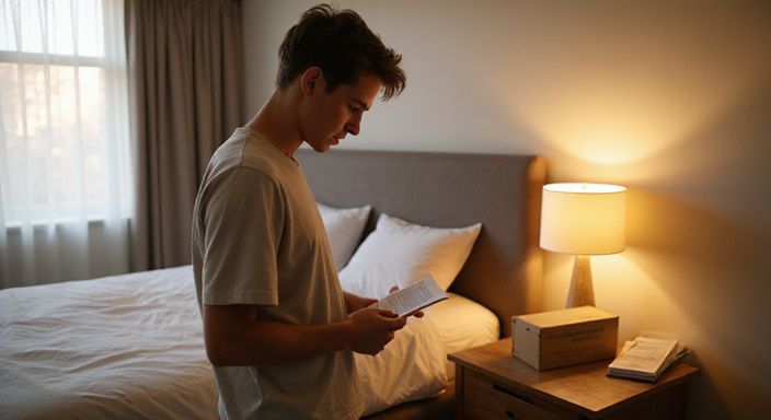 Een jonge volwassene overdenkt gezondheid met een folder in de hand. Een jonge volwassene overdenkt gezondheid met een folder in de hand.