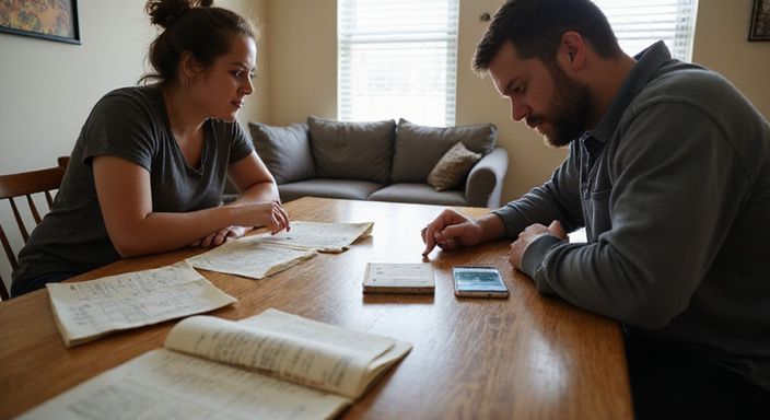 Een man en vrouw overleggen serieus aan een houten tafel. Een man en vrouw overleggen serieus aan een houten tafel.