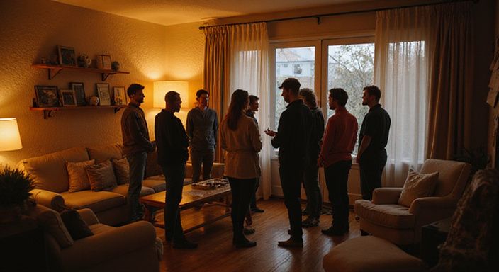 Een intieme privébijeenkomst met volwassenen in een gezellige woonkamer. Een intieme privébijeenkomst met volwassenen in een gezellige woonkamer.