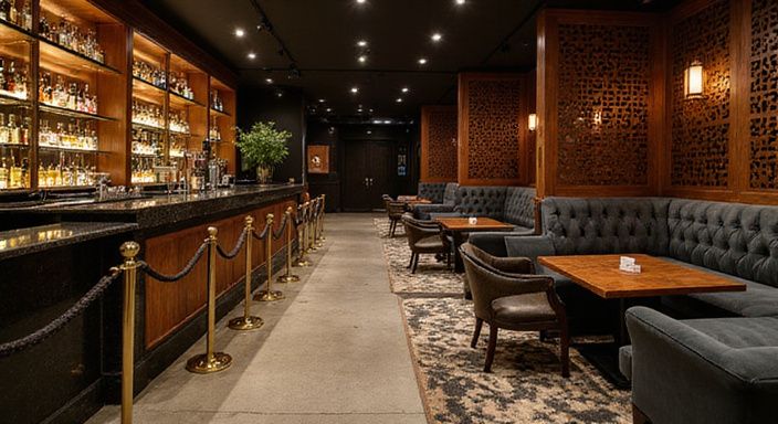 Een chique nachtclubinterieur met luxe zitmeubels en elegante details. Een chique nachtclubinterieur met luxe zitmeubels en elegante details.