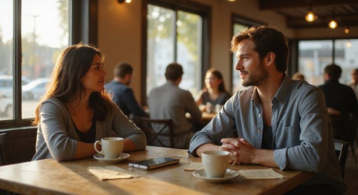 Twee mensen in gesprek met koffie en aantekeningen op tafel. Twee mensen in gesprek over swingers en partnerruil sexcontacten met koffie en aantekeningen op tafel.