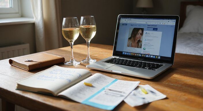 Twee kristallen wijnglazen naast een open MacBook en notitieboek. Twee kristallen wijnglazen naast een open MacBook met swingers en partnerruil sexcontacten profielen.