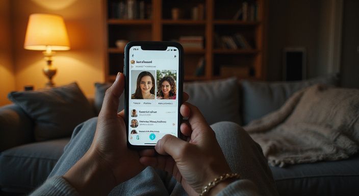 Een persoon bekijkt een datingsapp op zijn smartphone op de bank. Een persoon bekijkt een datingsapp voor swingers en partnerruil sexcontacten op zijn smartphone.