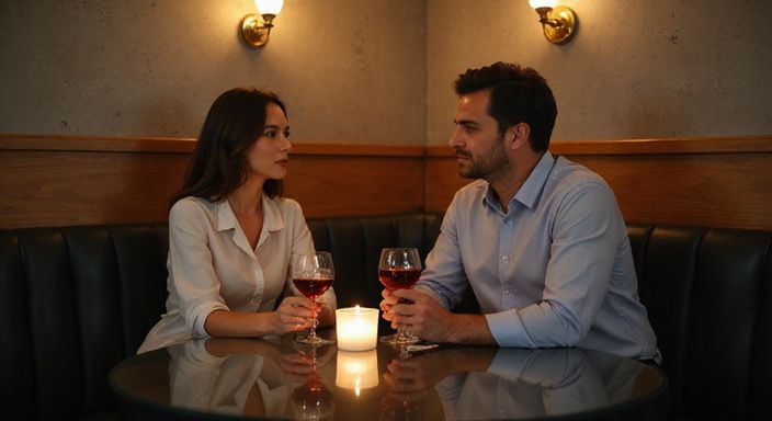 Twee volwassenen in gesprek met wijn in een stijlvolle cocktailbar. Twee volwassenen in gesprek over swingers en partnerruil sexcontacten met wijn in een stijlvolle cocktailbar.